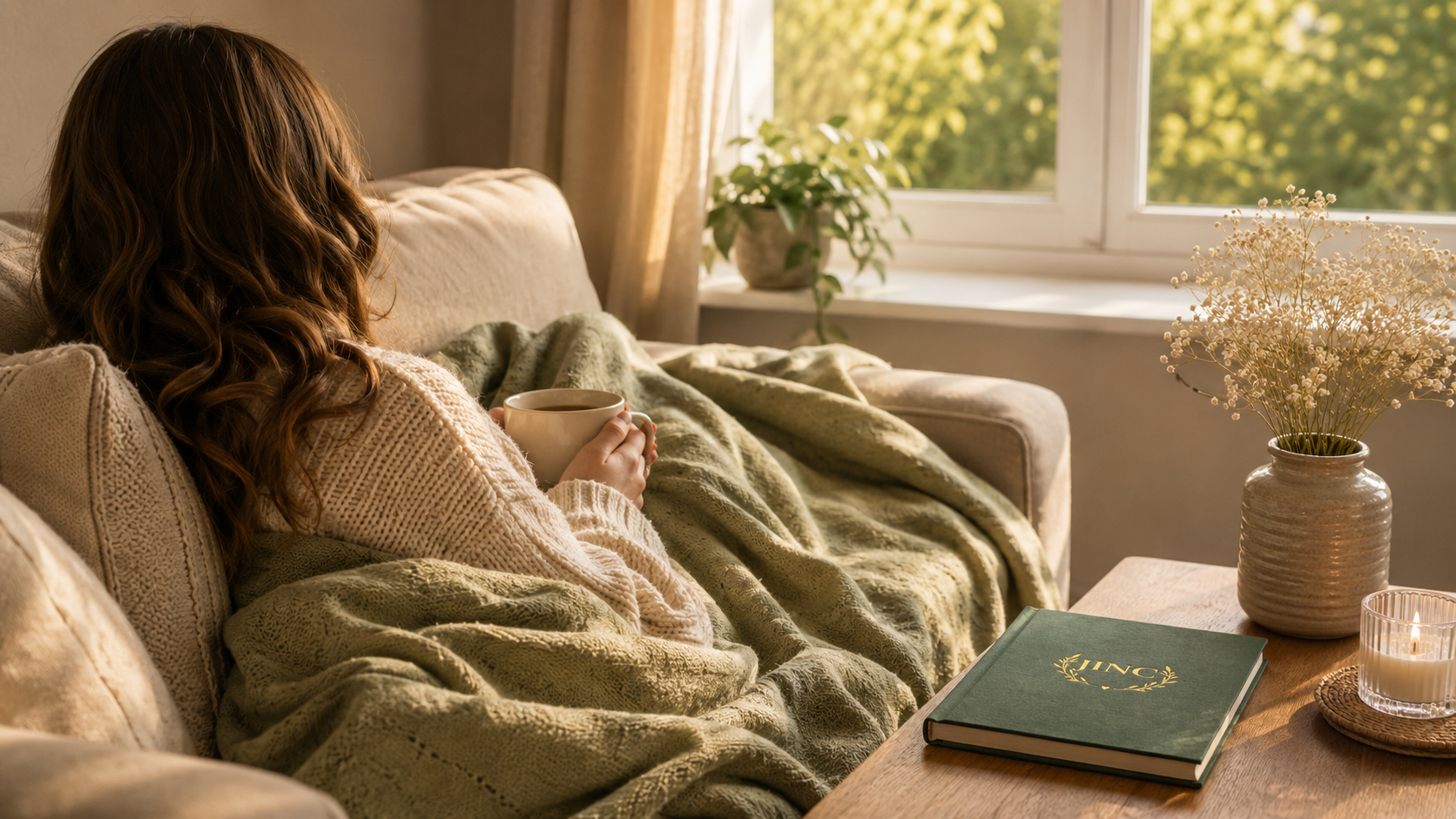 Woman sitting on a couch with a blanket, holding a mug, in a cozy living room, with a JINC Journal on the table