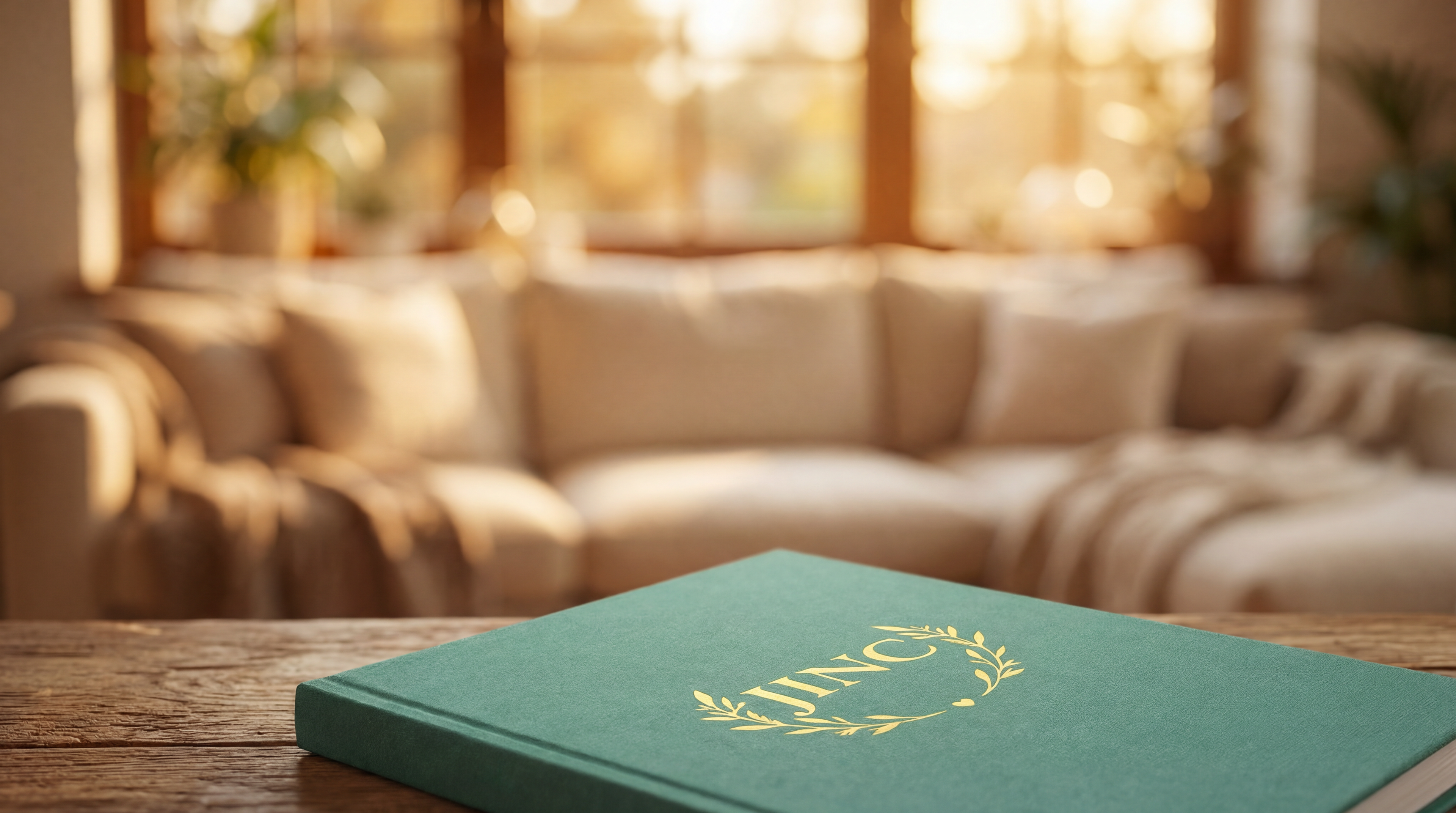 A JINC Journal placed on a wooden table in the living room