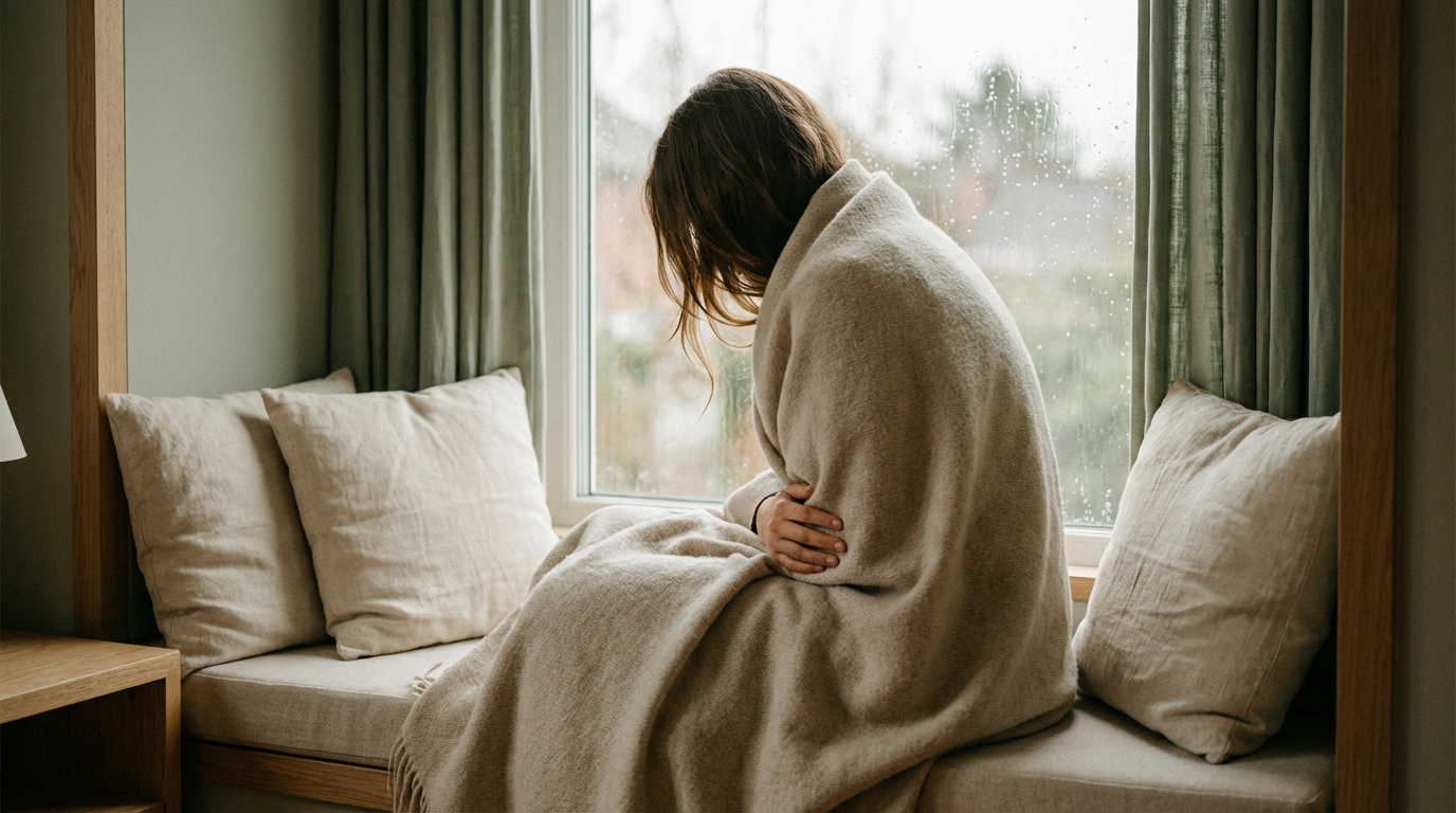 A woman sat in a window seat wrapped in a blanket struggling with Adenomyosis