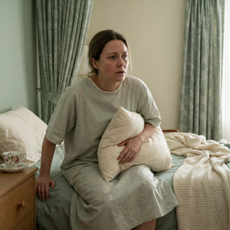 A lady in hospital clutching a cushion on her belly due to pain from endometriosis
