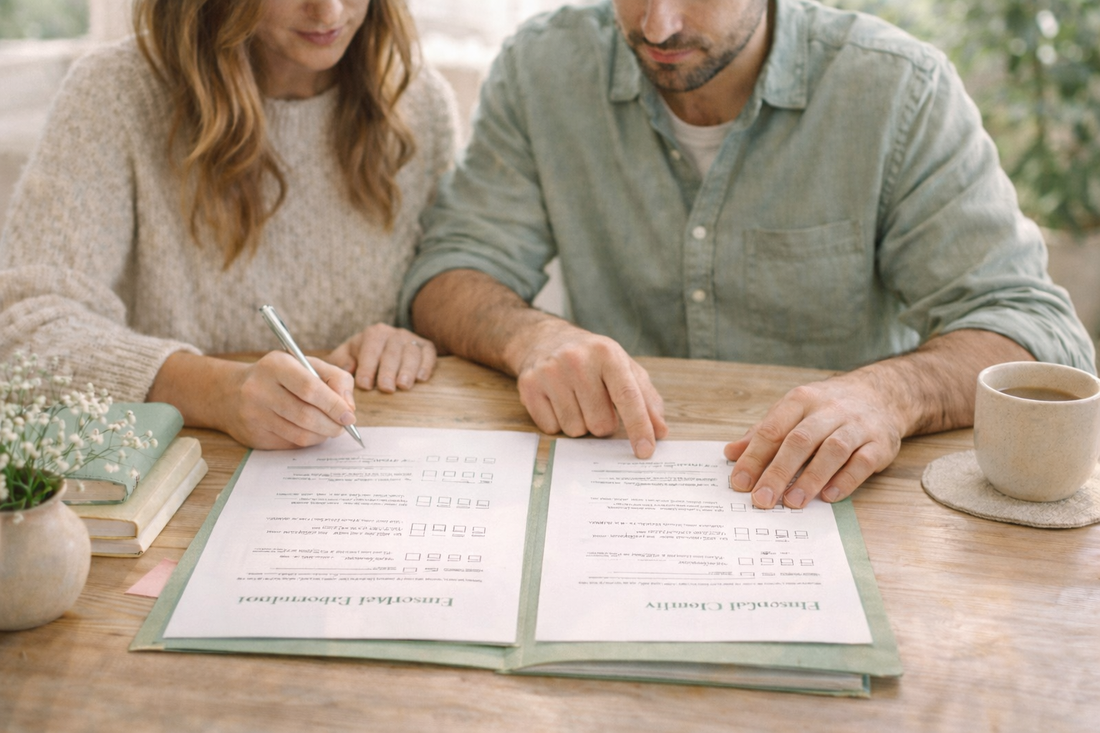 A couple sitting at a table completing important paperwork
