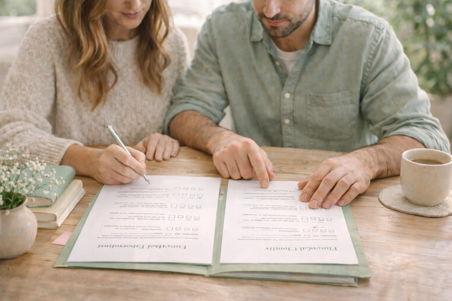 A couple sitting at a table completing important paperwork