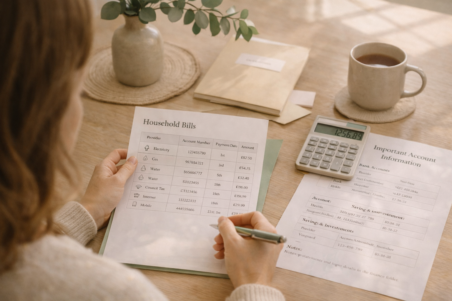 A woman sorting households bills sat at a table