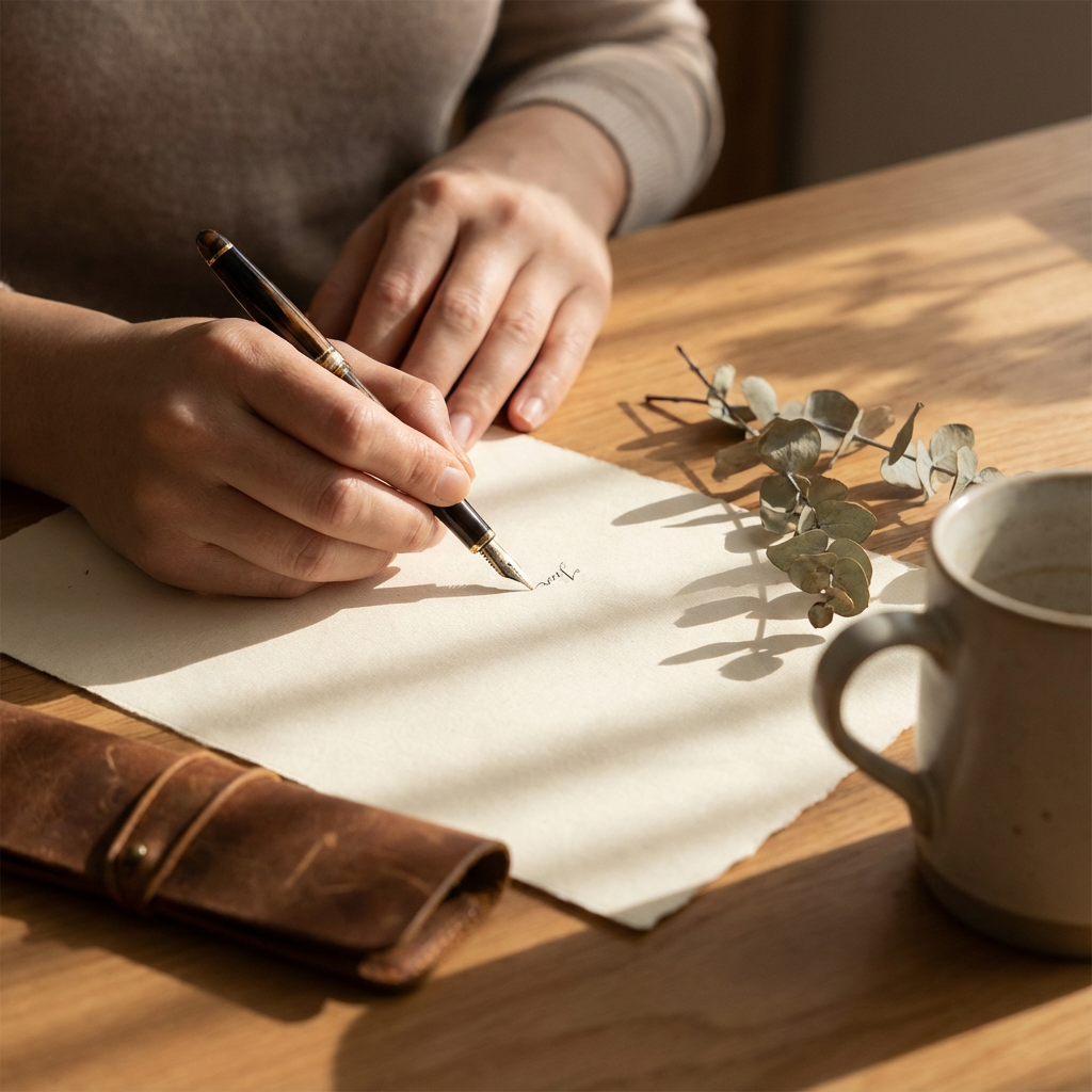 A person writing with a fountain pen at a desk