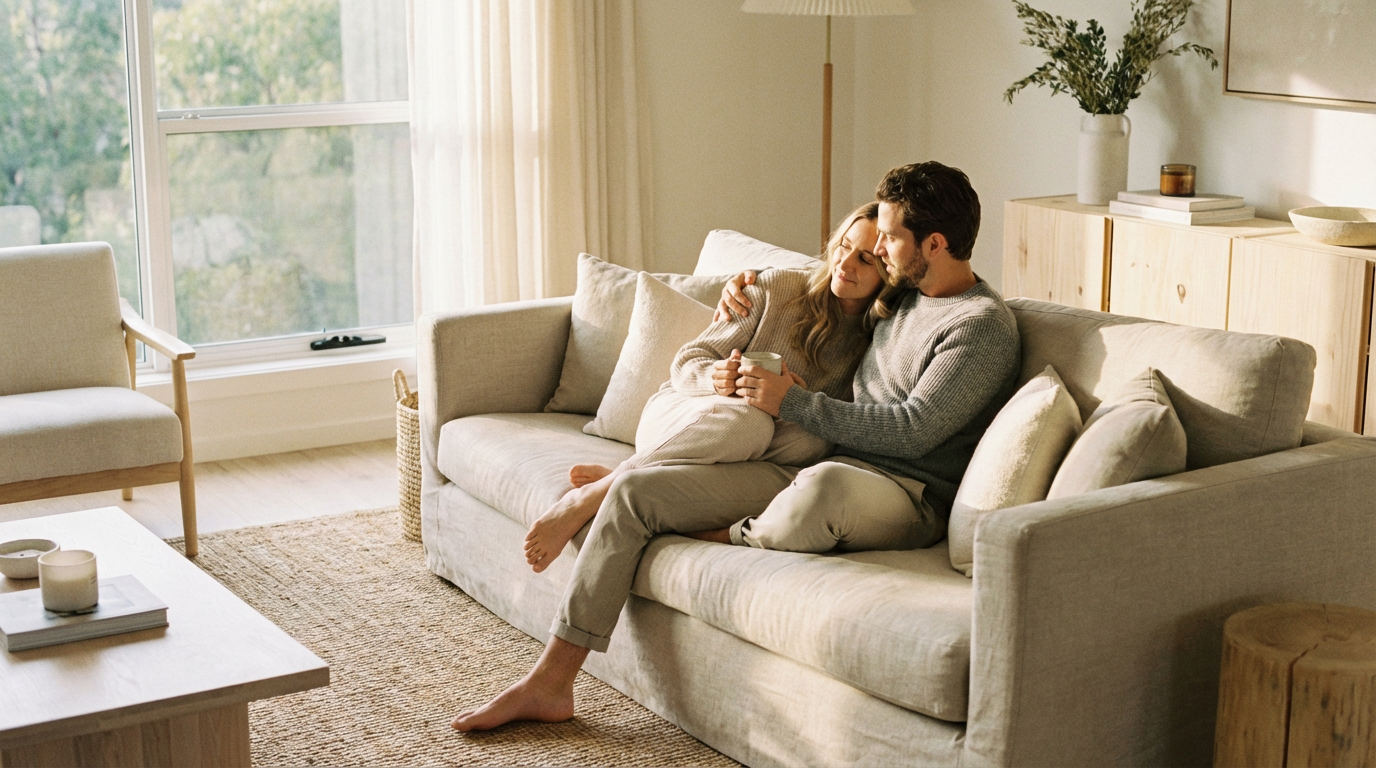 A couple sat on a sofa discussing their JINC journal