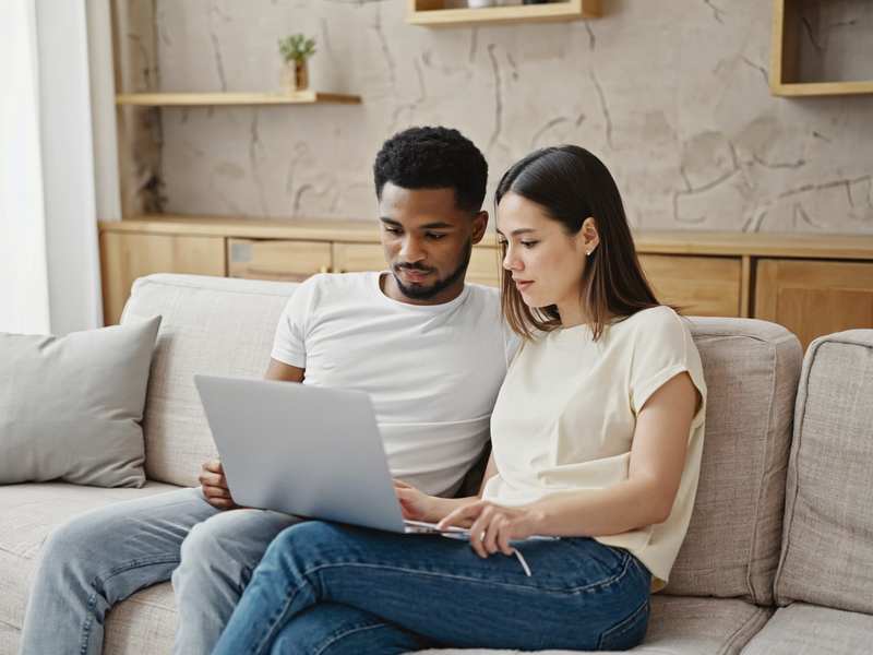 A couple sat on a sofa looking at the JINC website on their laptop