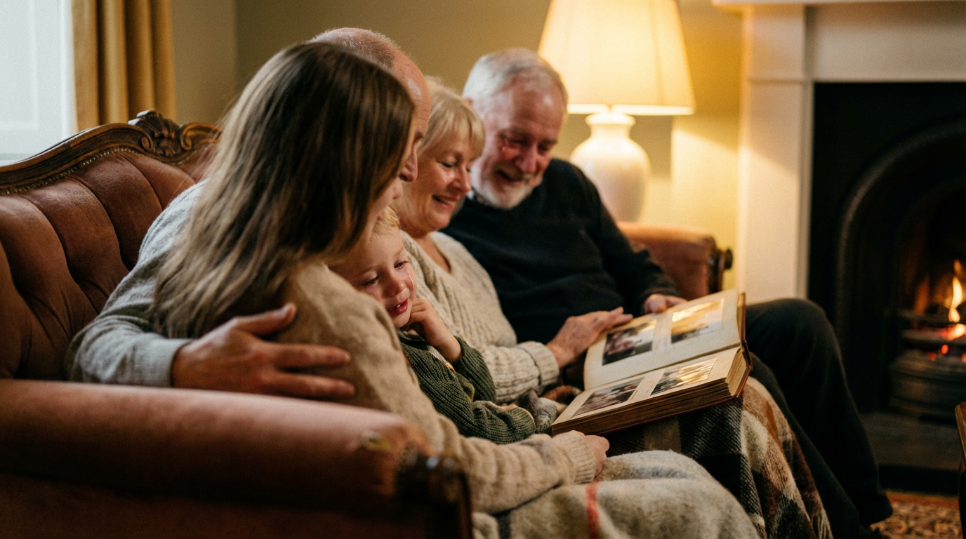 A family looking through an old photo album while sat on the sofa.