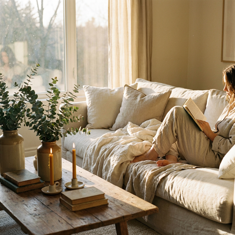 A woman sat on a sofa in front of a window reading her JINC Journal