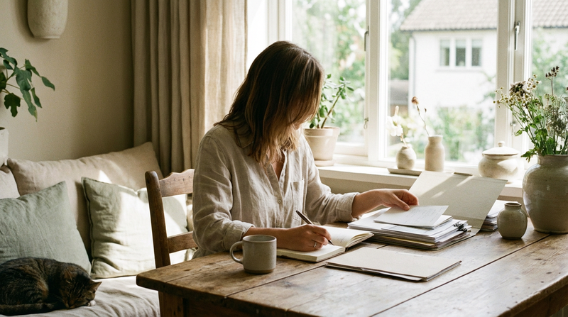 A woman sat at a table next to a window, writing in her JINC Journal