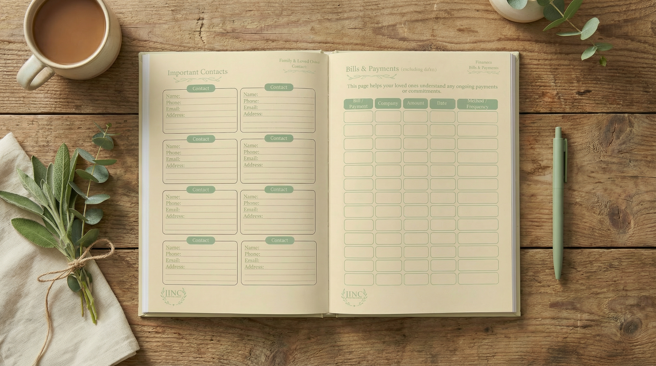JINC Journal on a wooden table with a cup of coffee and greenery