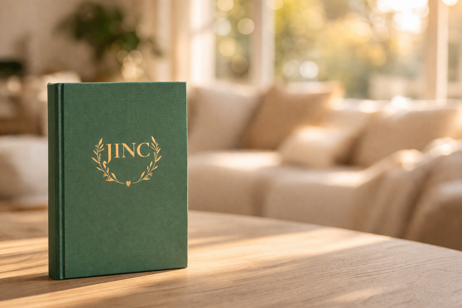 Green book with 'JINC' logo on a wooden table in a living room setting