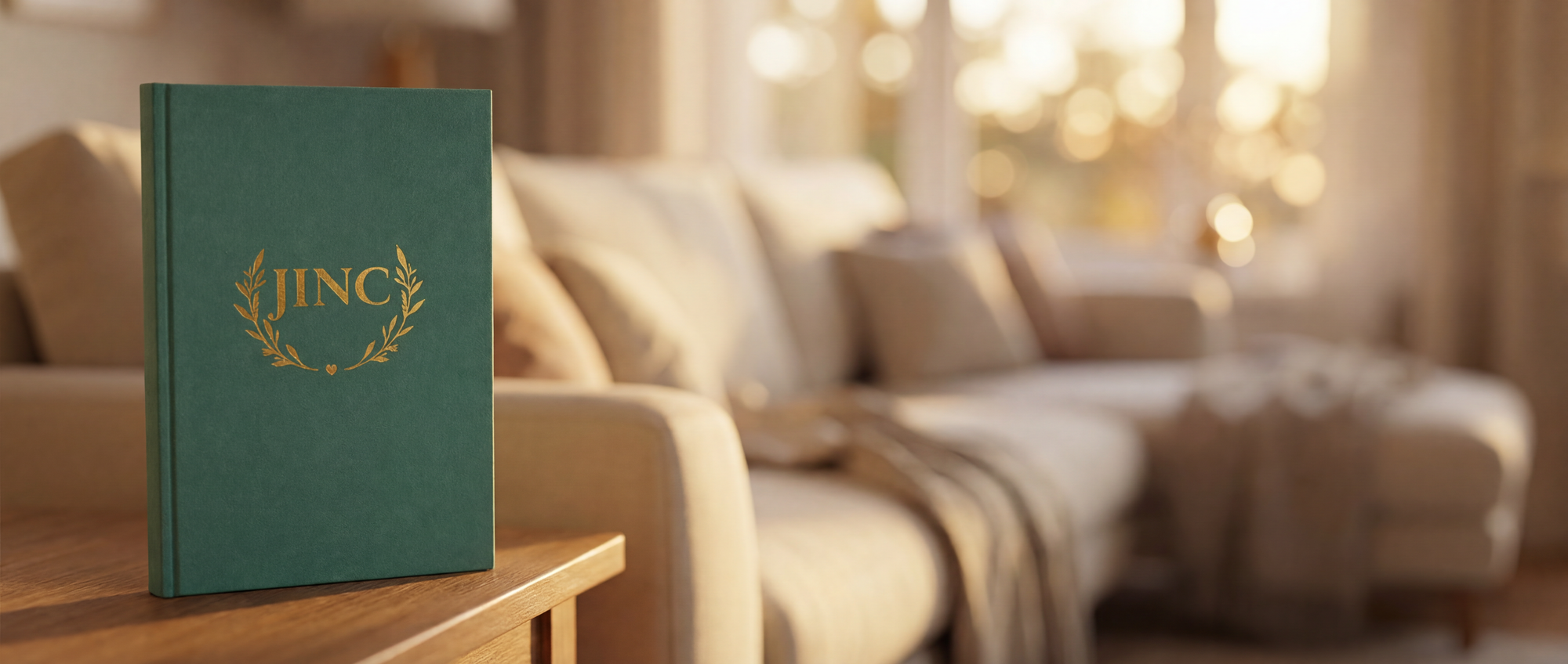 JINC Journal on a wooden table in a cozy living room.
