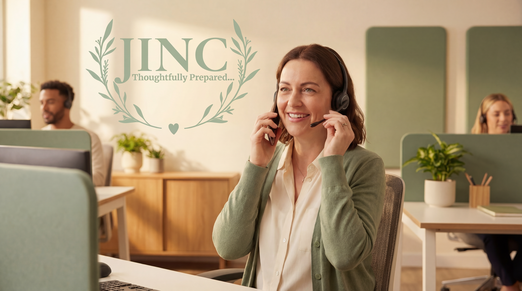 A woman smiling while responding to a customer enquiry for JINC