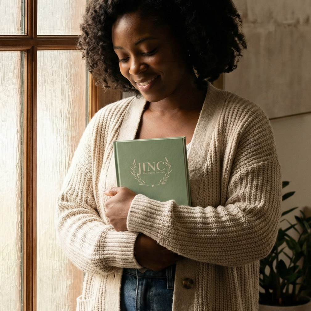 Woman holding a JINC Journal in a cozy room with a window and bench.