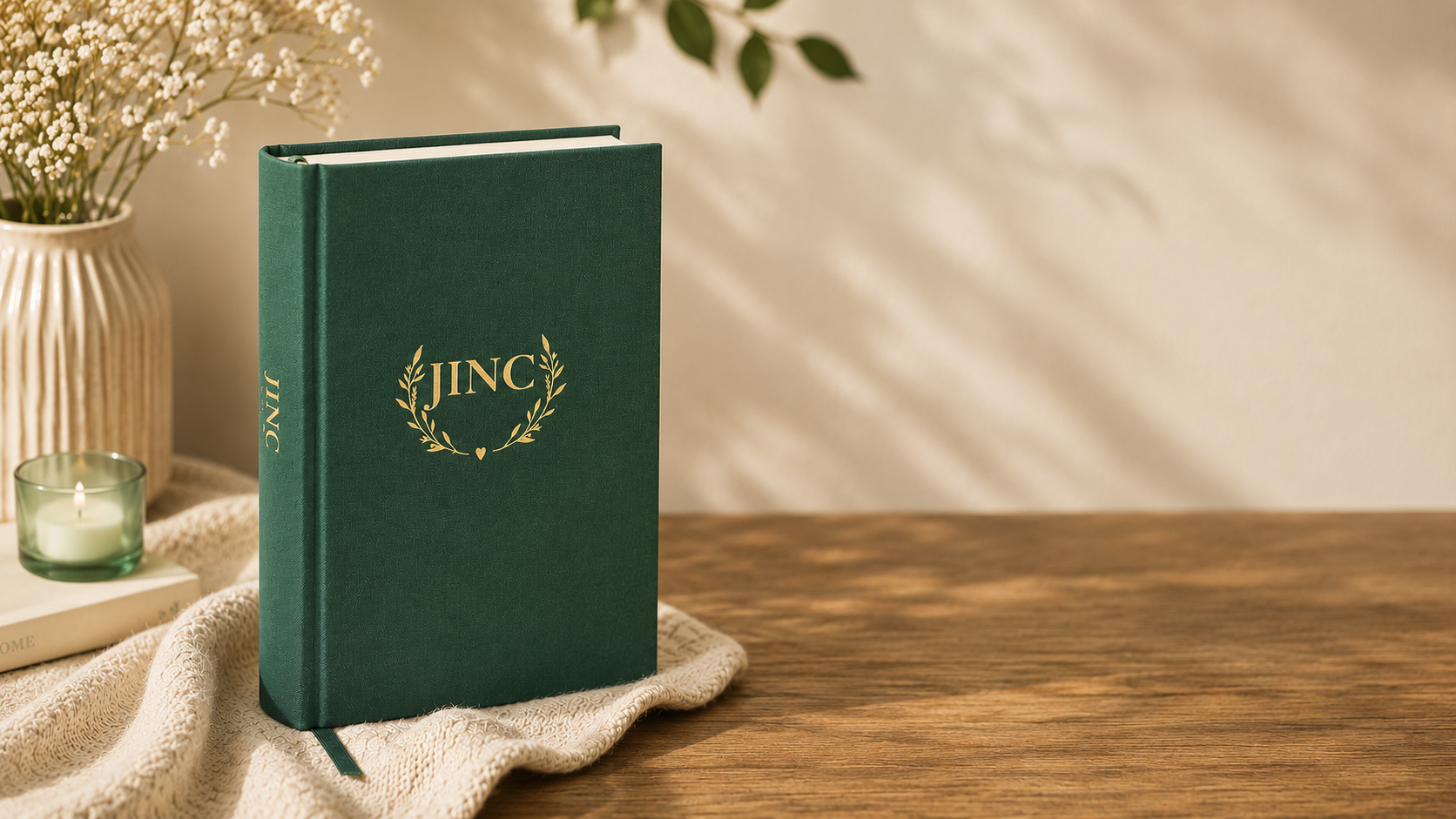 Green book with 'JINC' emblem on a wooden surface with decorative elements