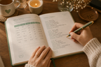 Person writing in a JINC Journal with a cup, candle, and flowers on a wooden table.