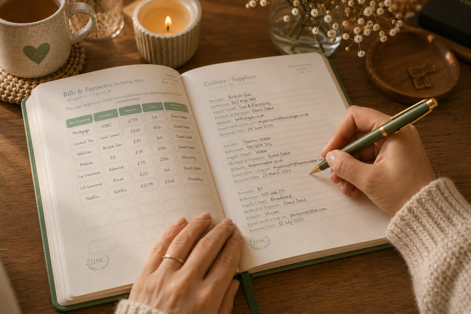 Person writing in a JINC Journal with a cup, candle, and flowers on a wooden table.